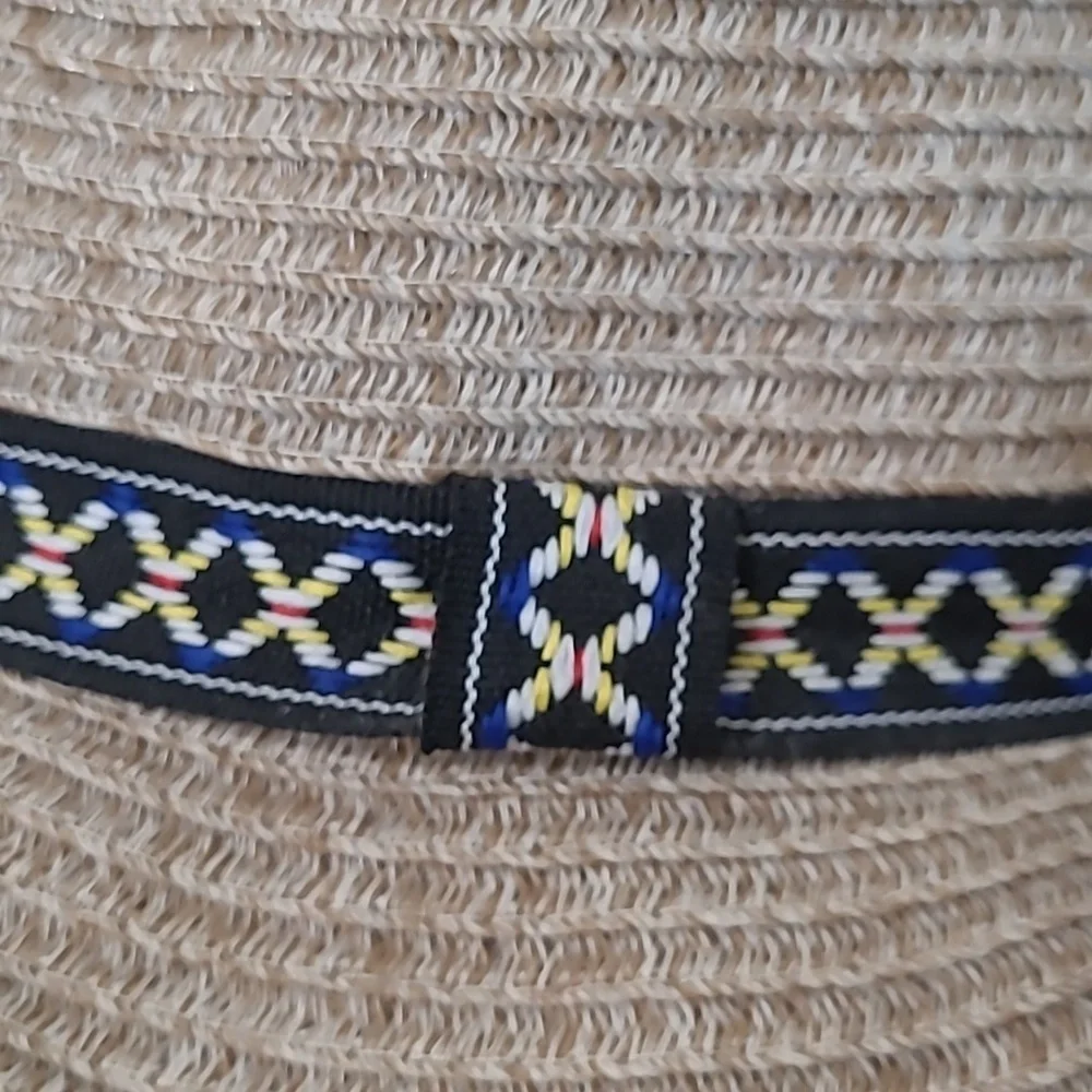 Chico's Tan Fedora with Navy Blue Ribbon Accent